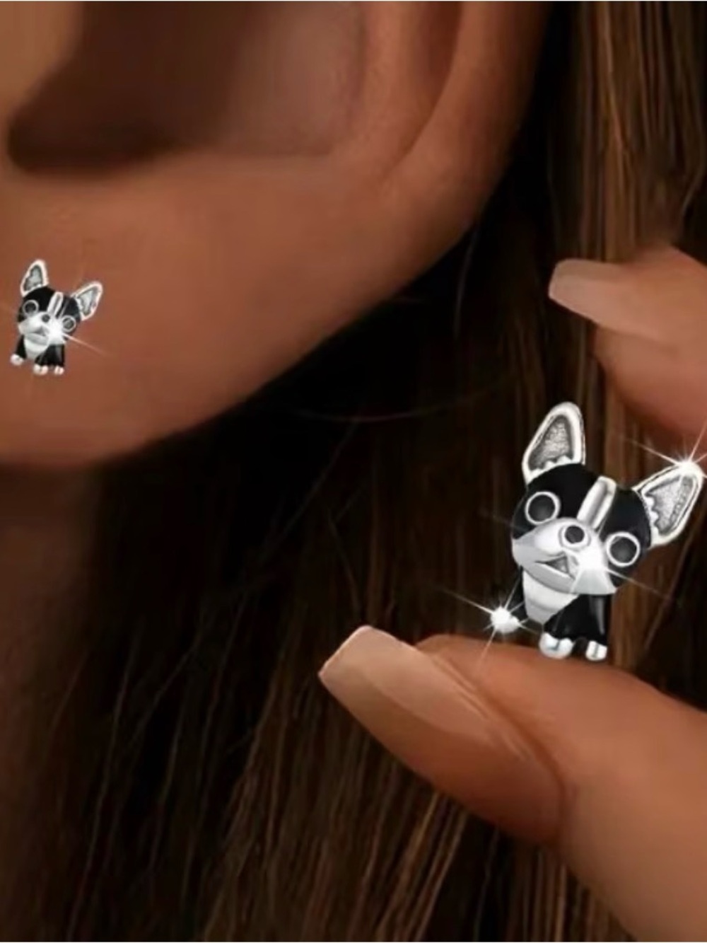 Cute Black & Silver Dog Stud Earrings
